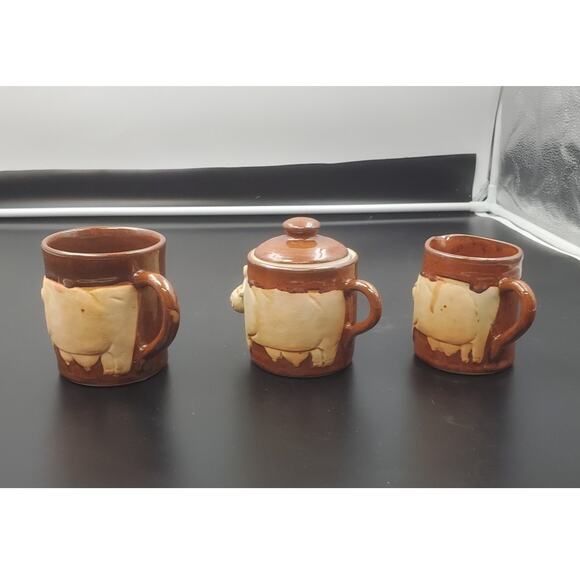 VTG Trifles, Japan, Cow/Steer Brown Stoneware Set 3 Piece Creamer, Sugar & Mug - Picture 2 of 5